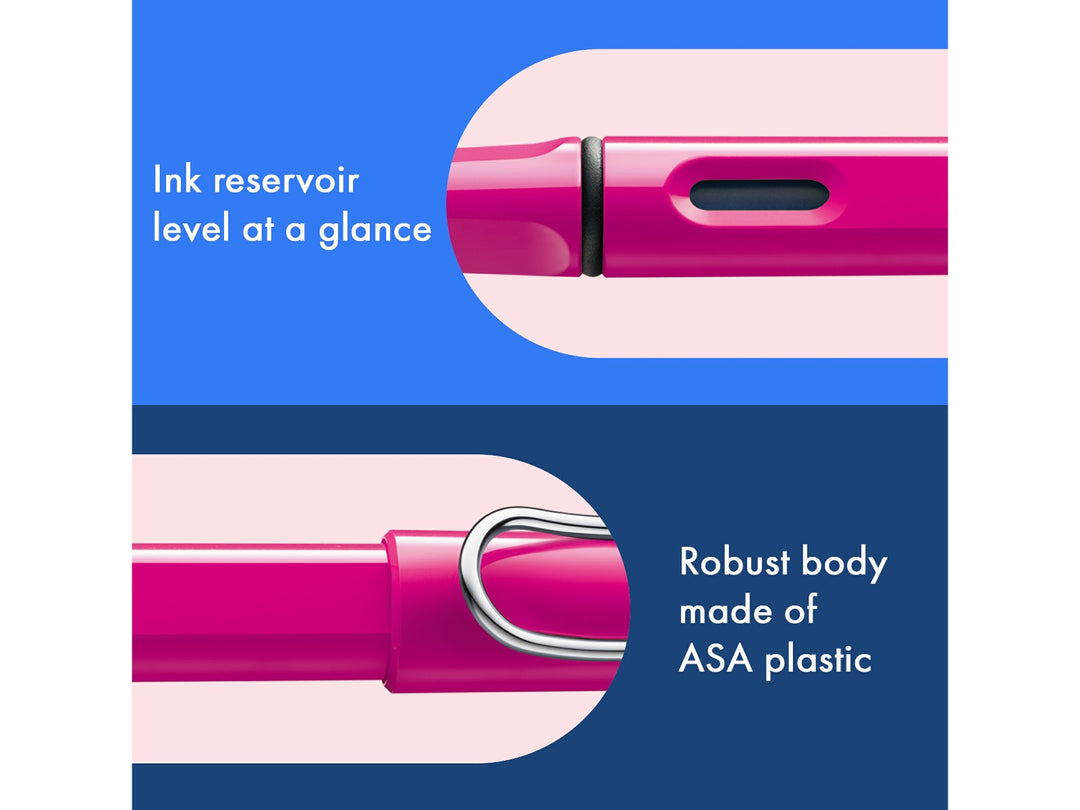 LAMY safari fountain pen Pink features including ink level window, ASA plastic body and signature wire pocket clip
