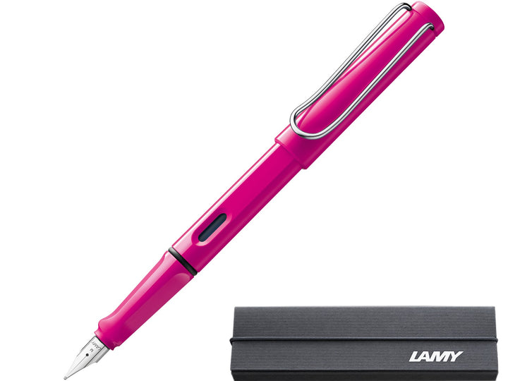 LAMY safari pink fountain pen with stainless steel nib, ink window and branded LAMY gift box