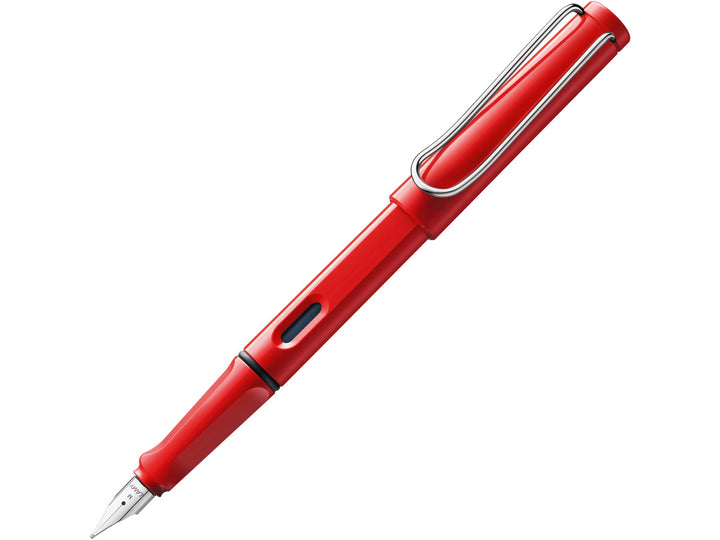 LAMY safari red fountain pen featuring stainless steel nib, ergonomic grip section and wire clip