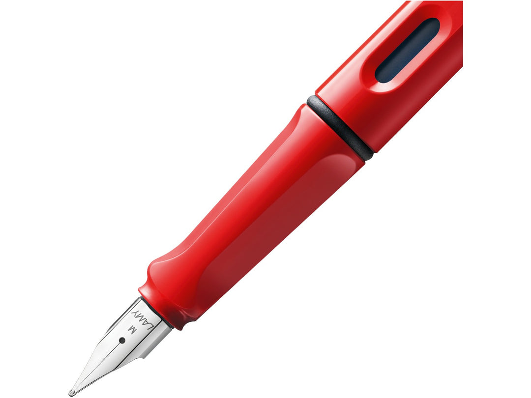 LAMY safari fountain pen Red close-up of stainless steel nib, ergonomic grip and ink level window
