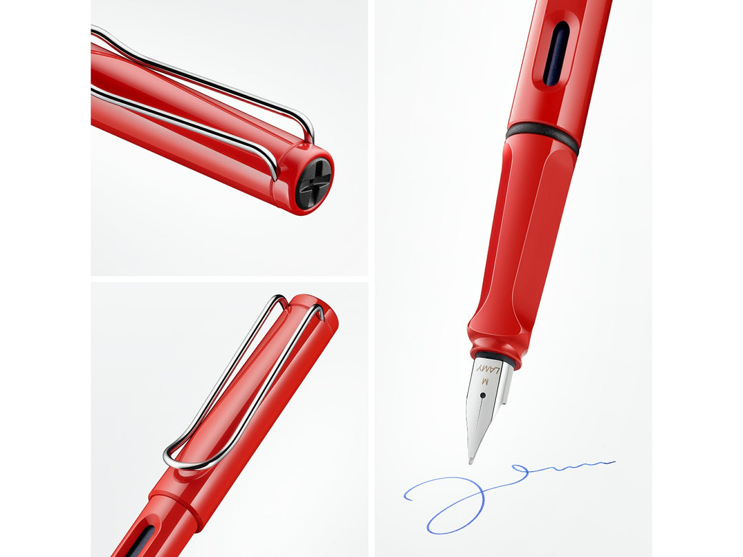 LAMY safari red fountain pen feature collage highlighting stainless steel nib, ergonomic grip, ink level window and signature wire clip