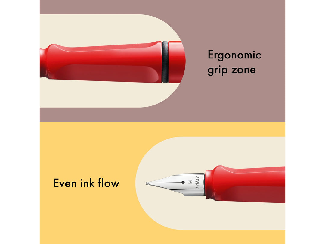 LAMY safari red fountain pen features including ergonomic grip zone, stainless steel nib and smooth ink flow performance