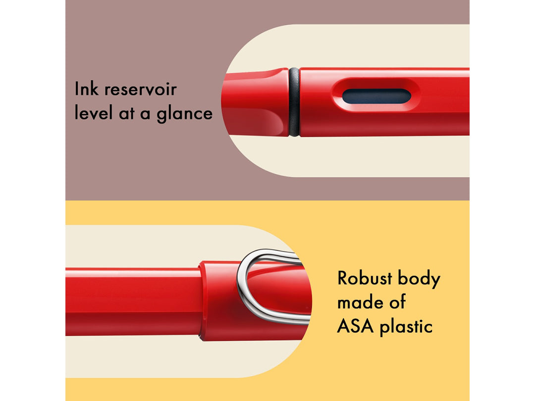 LAMY safari fountain pen Red features including ink level window, ASA plastic body and signature wire pocket clip