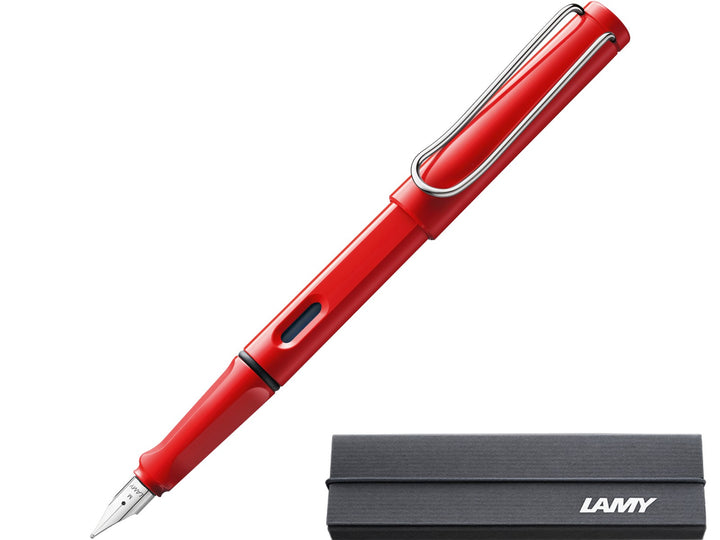 LAMY safari red fountain pen with stainless steel nib, ink window and branded LAMY gift box
