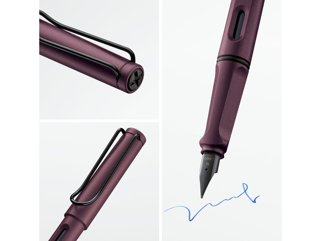 LAMY safari fountain pen Scarlet collage highlighting ergonomic grip section, ink window, wire clip and black stainless steel nib