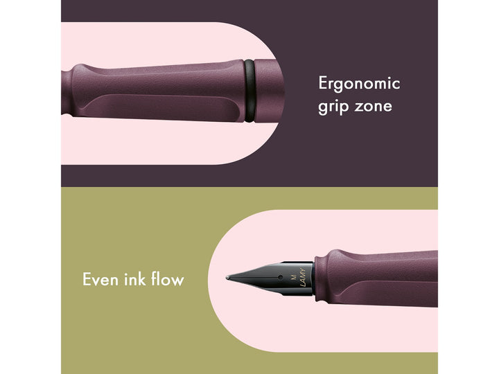 LAMY safari fountain pen Scarlet collage highlighting ergonomic grip section, ink window, wire clip and black stainless steel nib