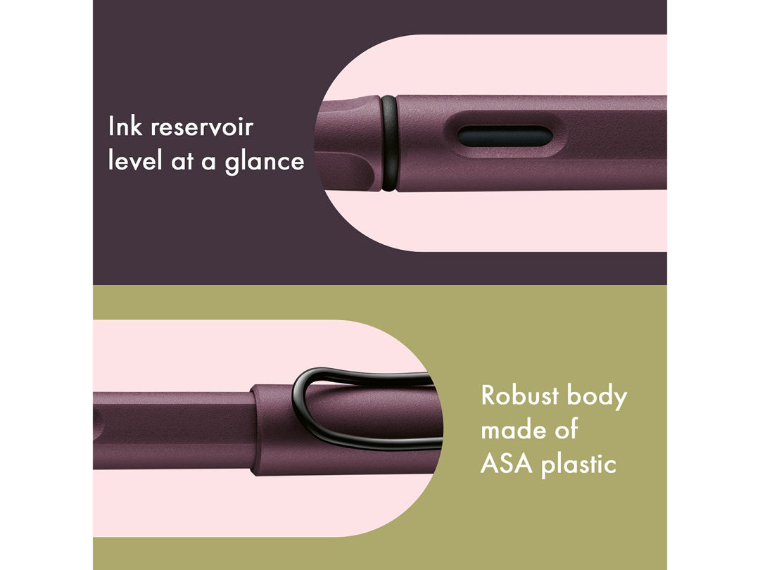 LAMY safari fountain pen Scarlet features including ink level window, ASA plastic body and signature wire pocket clip