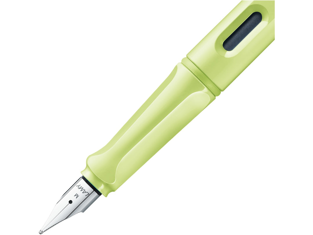 LAMY safari fountain pen Spring Green close-up of stainless steel nib, ergonomic grip and ink level window