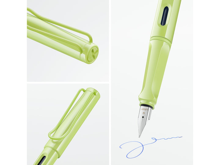 LAMY safari spring green fountain pen feature collage highlighting stainless steel nib, ergonomic grip, ink level window and signature wire clip
