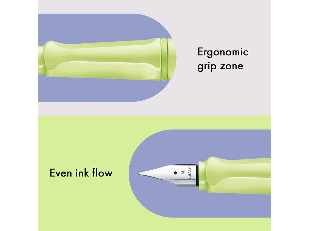 LAMY safari spring green fountain pen features including ergonomic grip zone, stainless steel nib and smooth ink flow performance