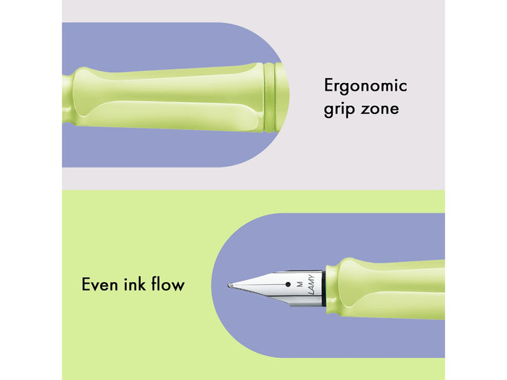 LAMY safari spring green fountain pen features including ergonomic grip zone, stainless steel nib and smooth ink flow performance