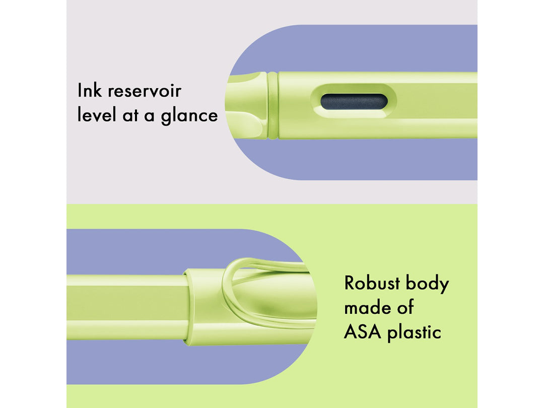 LAMY safari fountain pen Spring Green features including ink level window, ASA plastic body and signature wire pocket clip