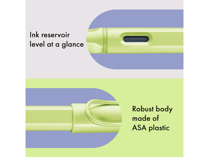 LAMY safari fountain pen Spring Green features including ink level window, ASA plastic body and signature wire pocket clip