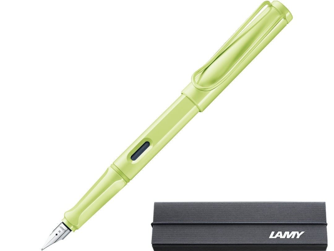 LAMY safari spring green fountain pen with stainless steel nib, ink window and branded LAMY gift box