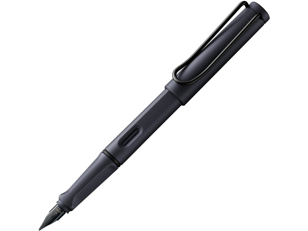 LAMY safari fountain pen Steel Black featuring black stainless steel nib, ergonomic grip section and lightweight ABS body
