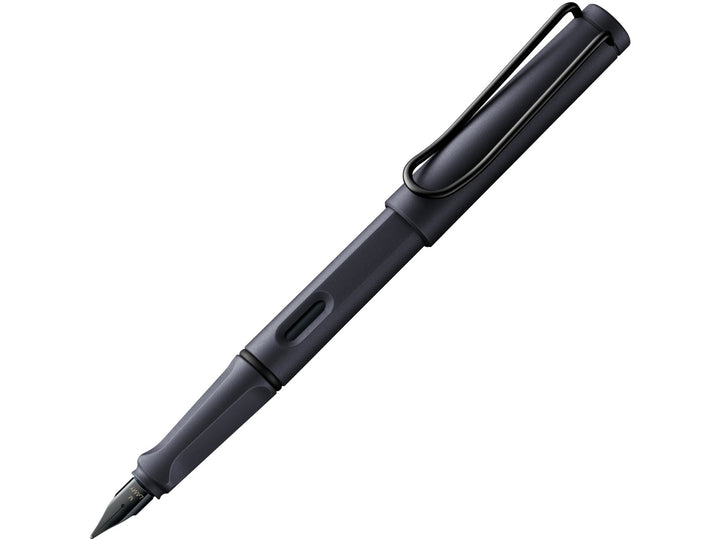 LAMY safari fountain pen Steel Black featuring black stainless steel nib, ergonomic grip section and lightweight ABS body