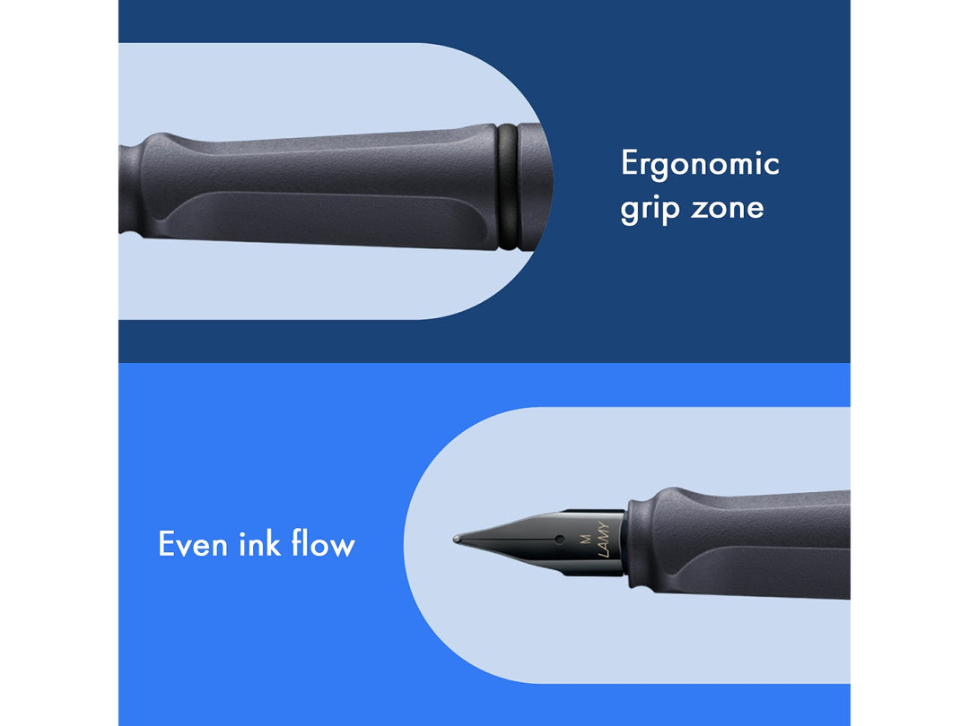 LAMY safari fountain pen Steel Black collage highlighting ergonomic grip section, ink window, wire clip and black stainless steel nib