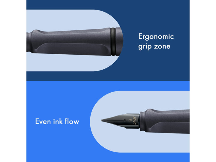 LAMY safari fountain pen Steel Black collage highlighting ergonomic grip section, ink window, wire clip and black stainless steel nib