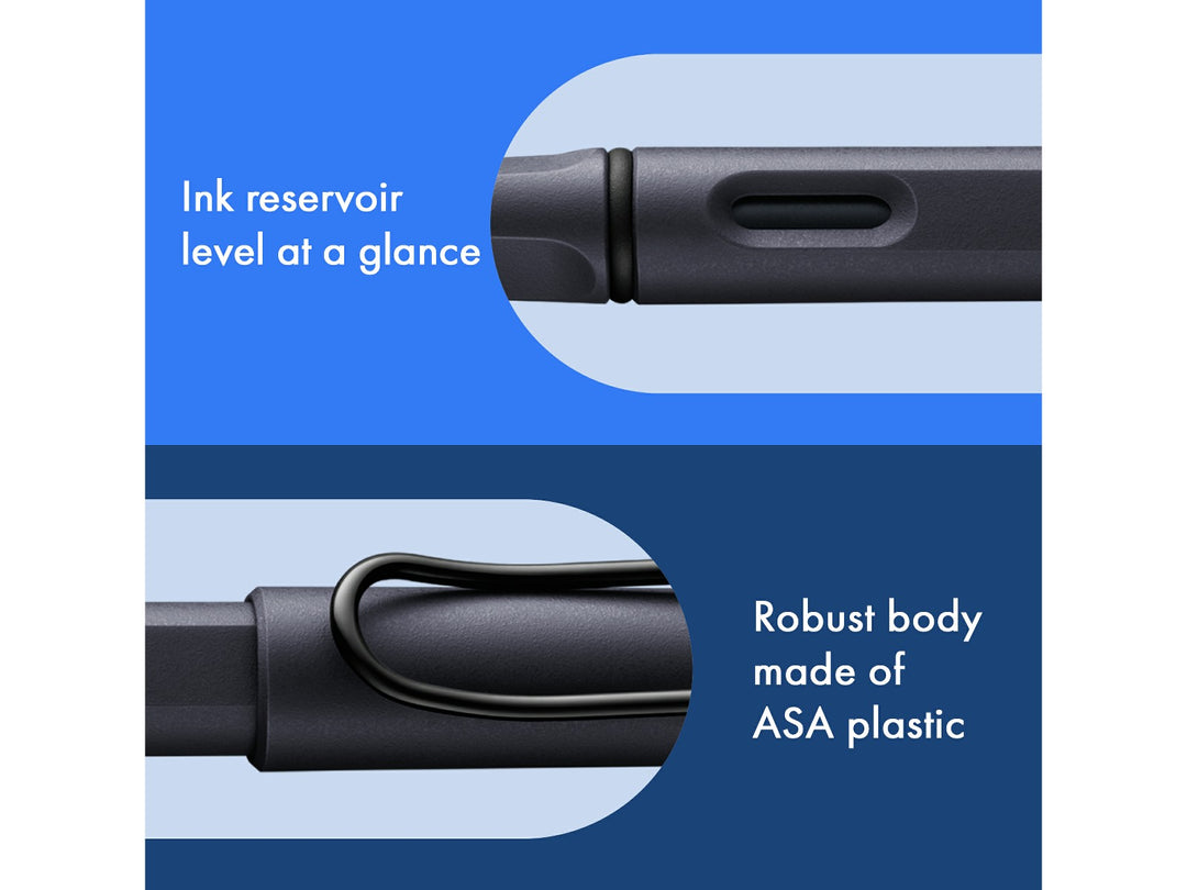 LAMY safari fountain pen Steel Black features including ink level window, ASA plastic body and signature wire pocket clip