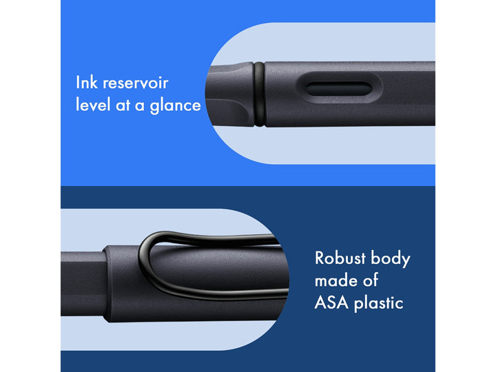 LAMY safari fountain pen Steel Black features including ink level window, ASA plastic body and signature wire pocket clip