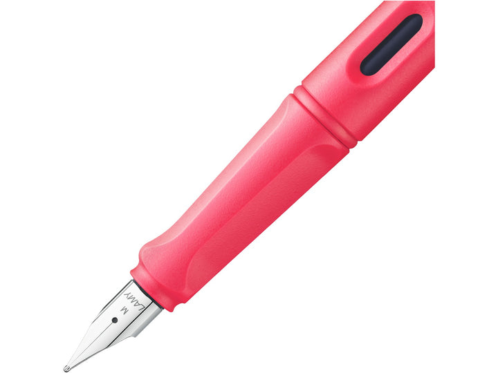 LAMY safari fountain pen Sunset close-up of stainless steel nib, ergonomic grip and ink level window