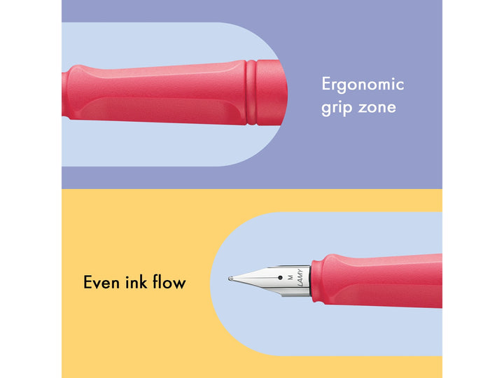 LAMY safari sunset fountain pen features including ergonomic grip zone, stainless steel nib and smooth ink flow performance