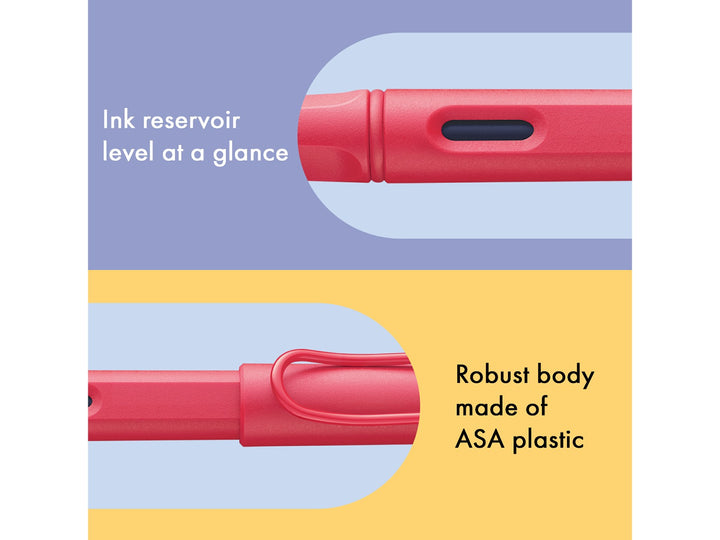 LAMY safari fountain pen Sunset features including ink level window, ASA plastic body and signature wire pocket clip