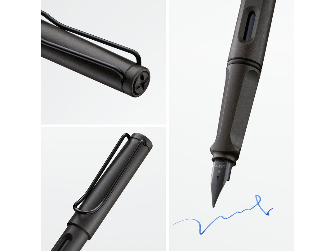 LAMY safari fountain pen Umbra collage highlighting ergonomic grip section, ink window, wire clip and black stainless steel nib