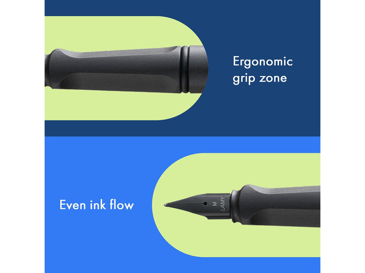 LAMY safari fountain pen Umbra collage highlighting ergonomic grip section, ink window, wire clip and black stainless steel nib