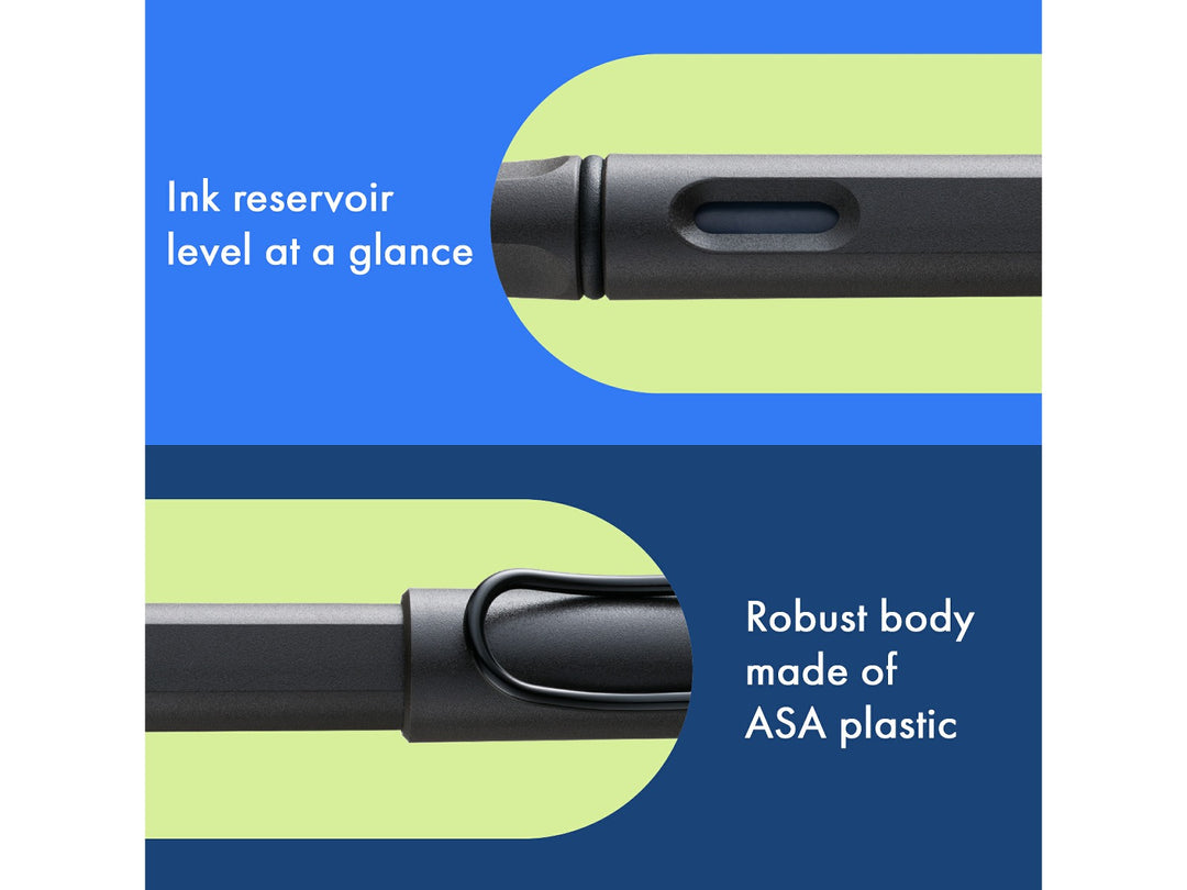 LAMY safari fountain pen Umbra features including ink level window, ASA plastic body and signature wire pocket clip
