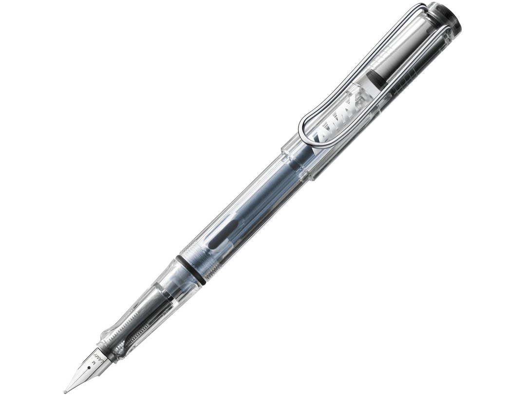 LAMY safari vista fountain pen featuring stainless steel nib, ergonomic grip section and wire clip