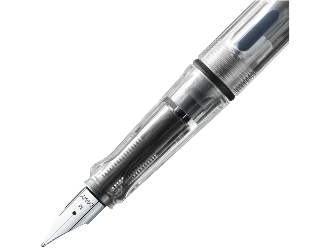 LAMY safari fountain pen Vista close-up of stainless steel nib, ergonomic grip and ink level window