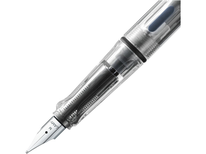LAMY safari fountain pen Vista close-up of stainless steel nib, ergonomic grip and ink level window