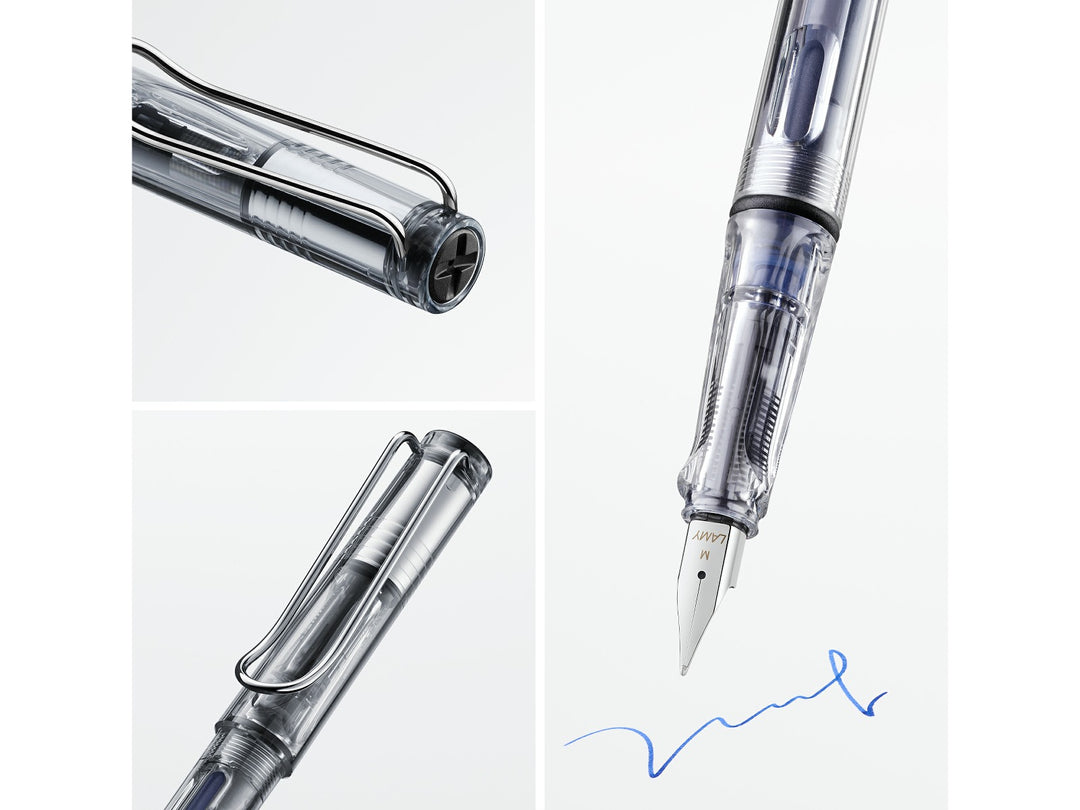LAMY safari vista fountain pen feature collage highlighting stainless steel nib, ergonomic grip, ink level window and signature wire clip