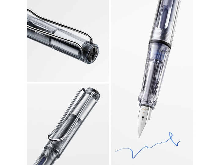LAMY safari vista fountain pen feature collage highlighting stainless steel nib, ergonomic grip, ink level window and signature wire clip