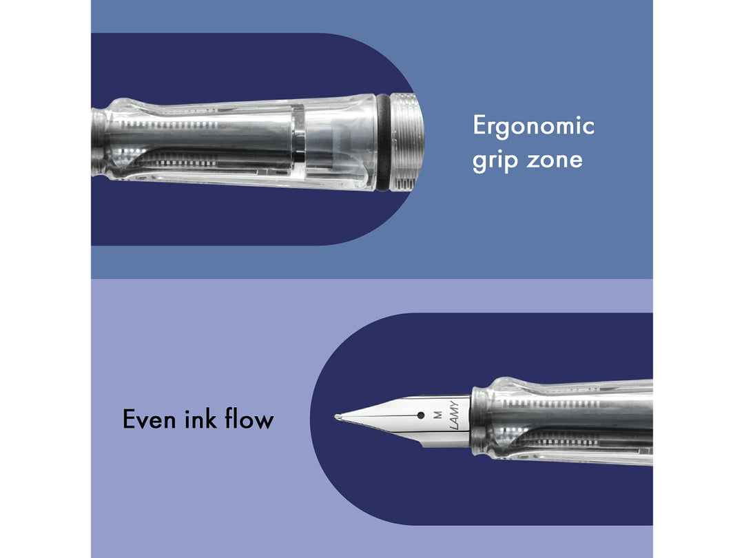 LAMY safari vista fountain pen features including ergonomic grip zone, stainless steel nib and smooth ink flow performance