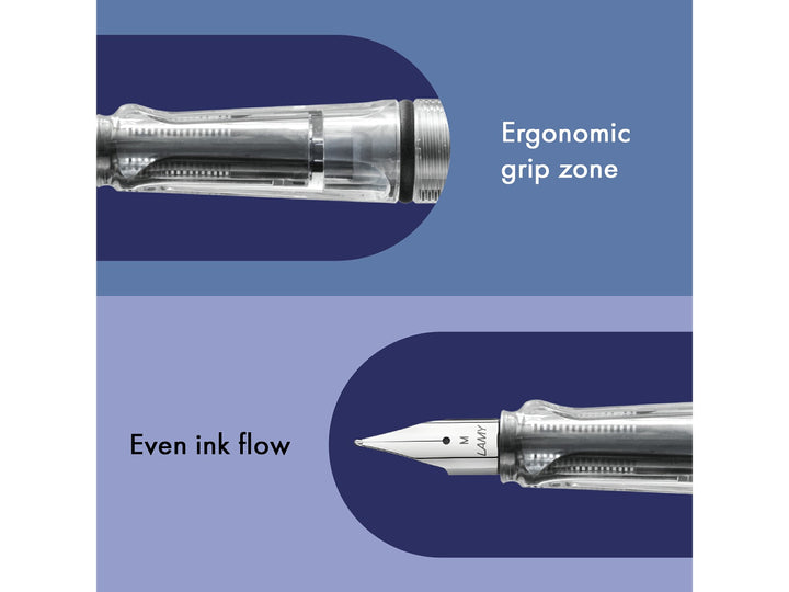 LAMY safari vista fountain pen features including ergonomic grip zone, stainless steel nib and smooth ink flow performance