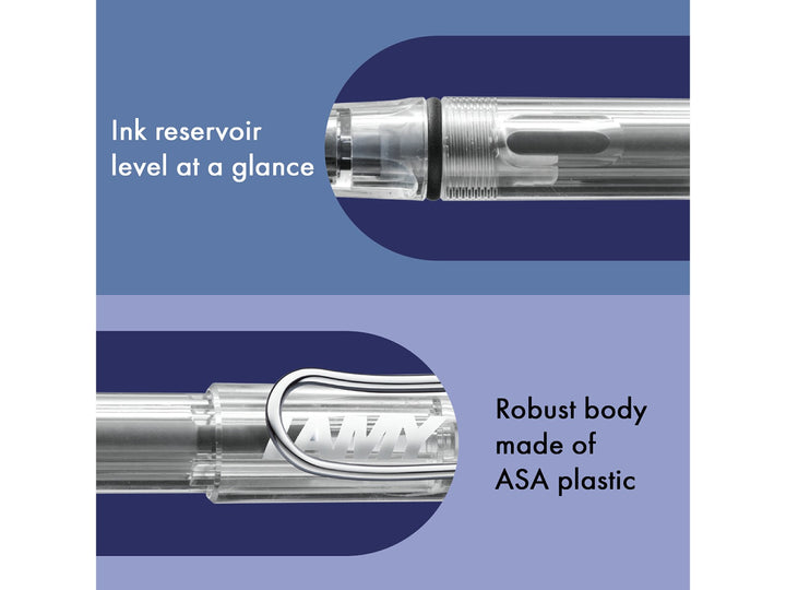 LAMY safari fountain pen Vista features including ink level window, ASA plastic body and signature wire pocket clip