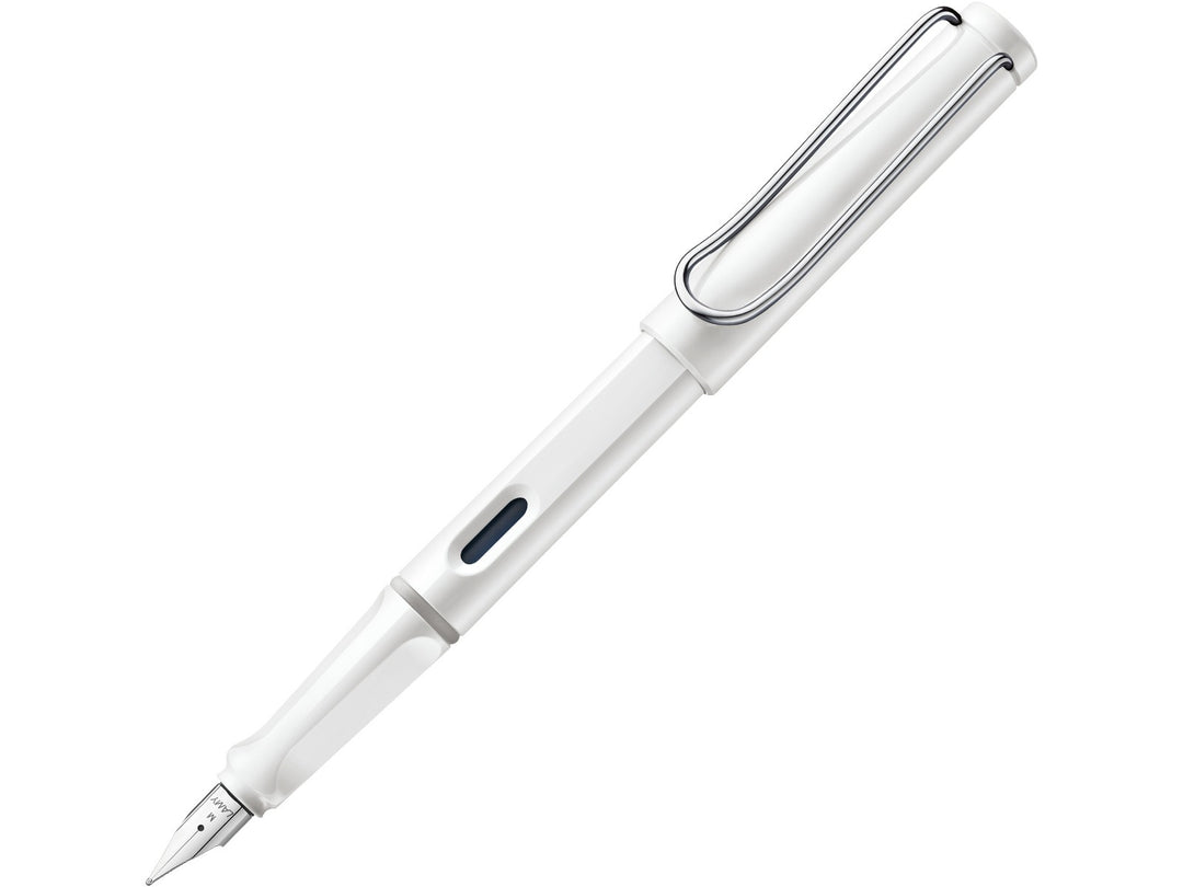 LAMY safari white fountain pen featuring stainless steel nib, ergonomic grip section and wire clip