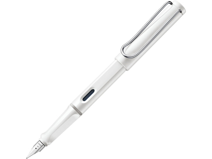 LAMY safari white fountain pen featuring stainless steel nib, ergonomic grip section and wire clip