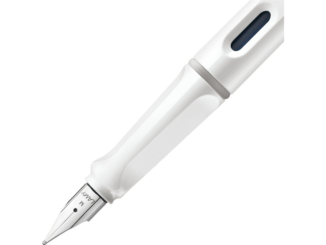 LAMY safari fountain pen White close-up of stainless steel nib, ergonomic grip and ink level window