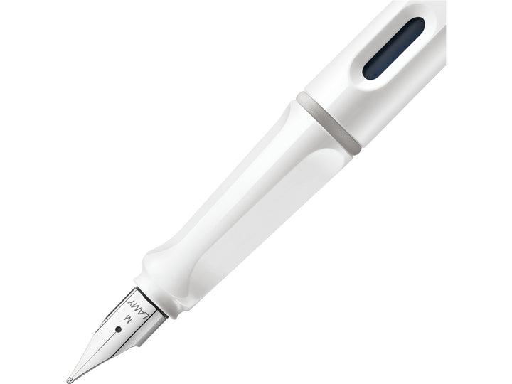 LAMY safari fountain pen White close-up of stainless steel nib, ergonomic grip and ink level window
