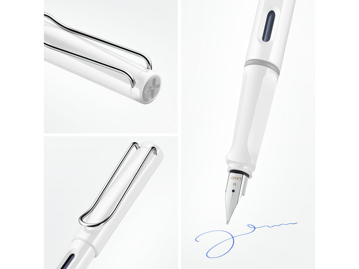 LAMY safari white fountain pen feature collage highlighting stainless steel nib, ergonomic grip, ink level window and signature wire clip