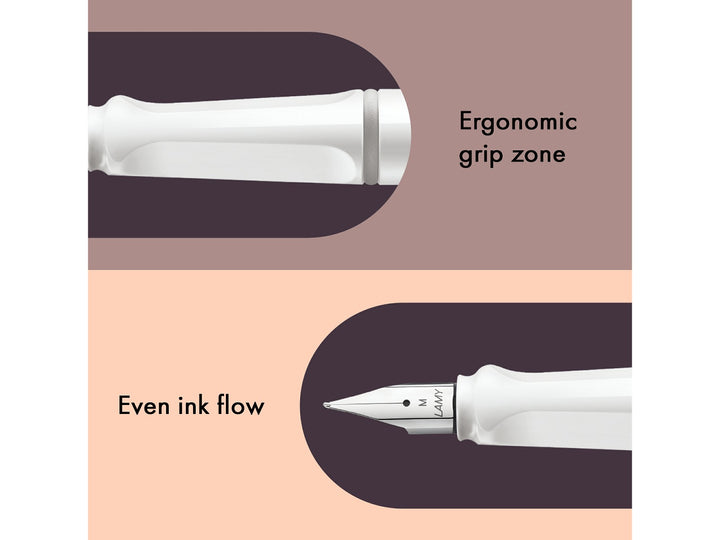LAMY safari white fountain pen features including ergonomic grip zone, stainless steel nib and smooth ink flow performance