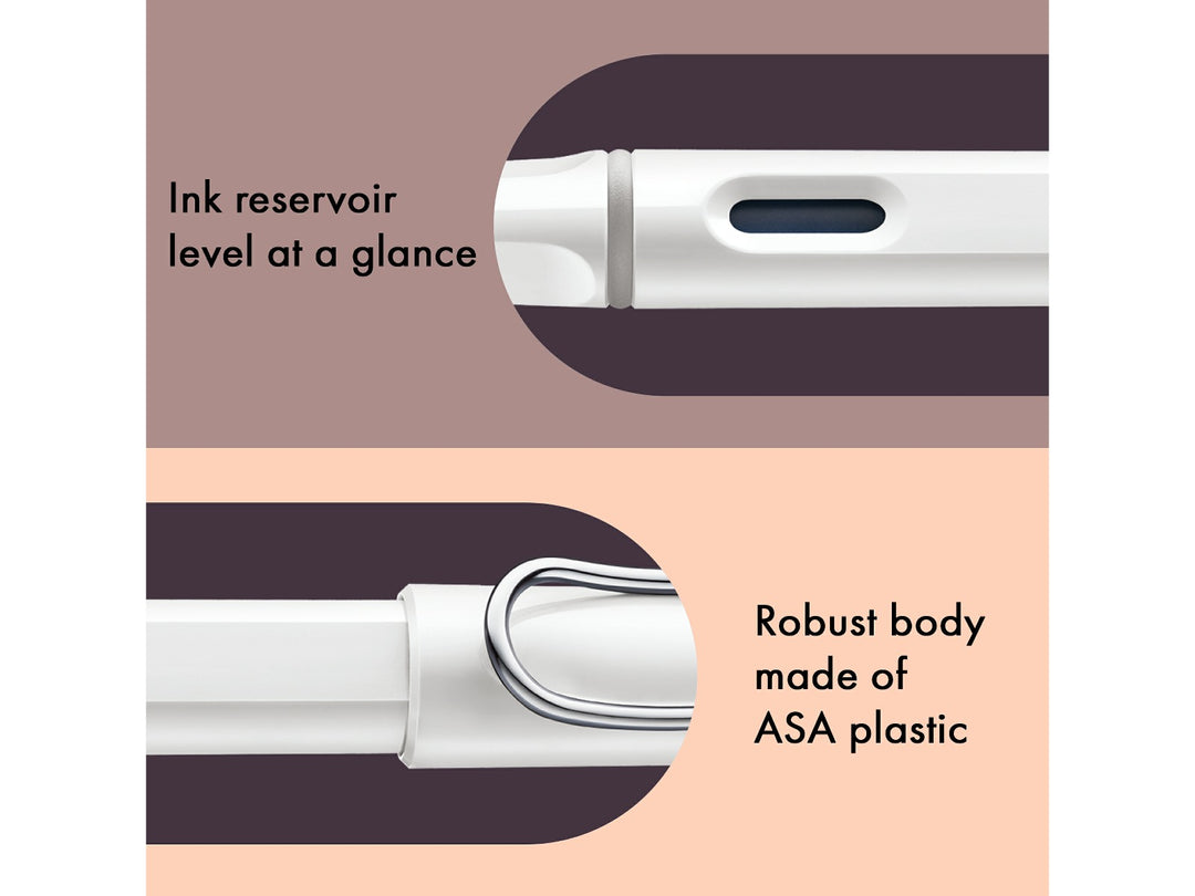 LAMY safari fountain pen White features including ink level window, ASA plastic body and signature wire pocket clip