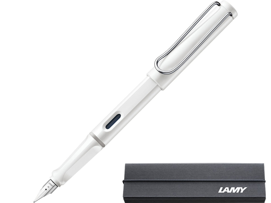 LAMY safari white fountain pen with stainless steel nib, ink window and branded LAMY gift box
