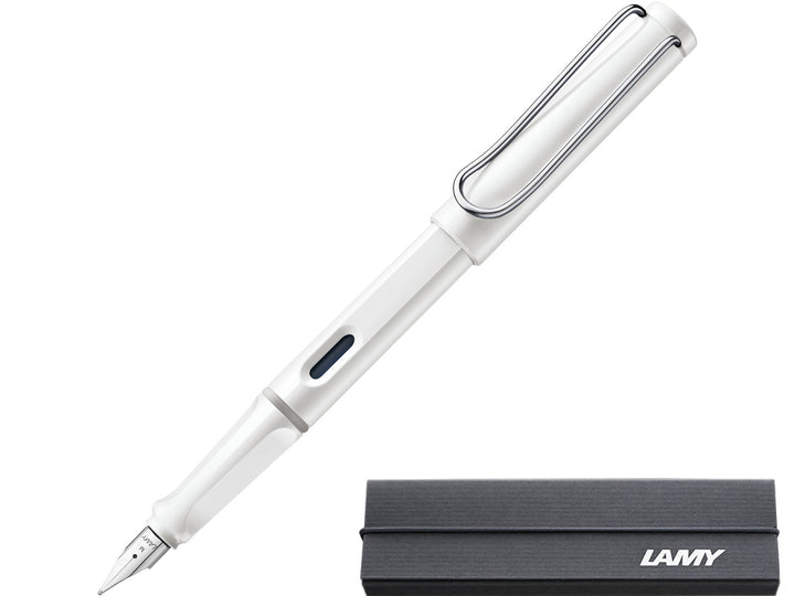 LAMY safari white fountain pen with stainless steel nib, ink window and branded LAMY gift box
