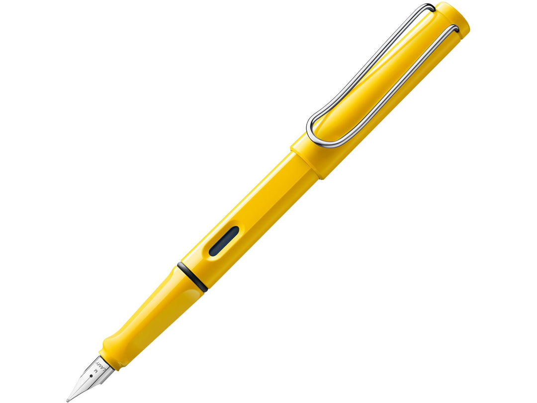 LAMY safari yellow fountain pen featuring stainless steel nib, ergonomic grip section and wire clip