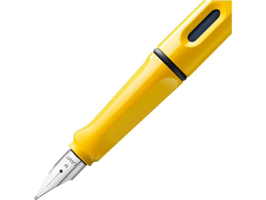 LAMY safari fountain pen Yellow close-up of stainless steel nib, ergonomic grip and ink level window