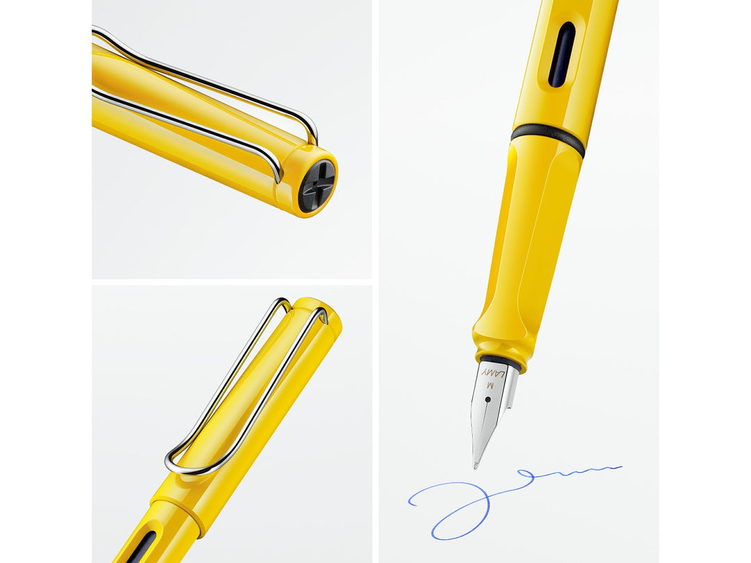 LAMY safari yellow fountain pen feature collage highlighting stainless steel nib, ergonomic grip, ink level window and signature wire clip